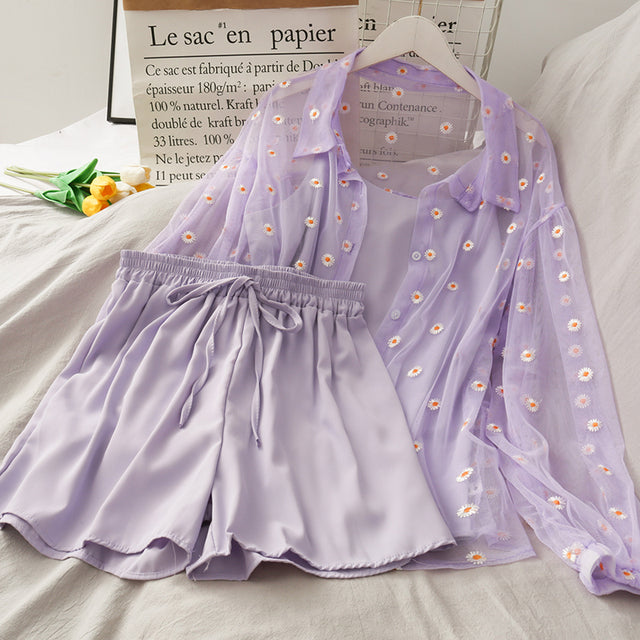Three Piece Linen Set For Women Casual Tops Shorts