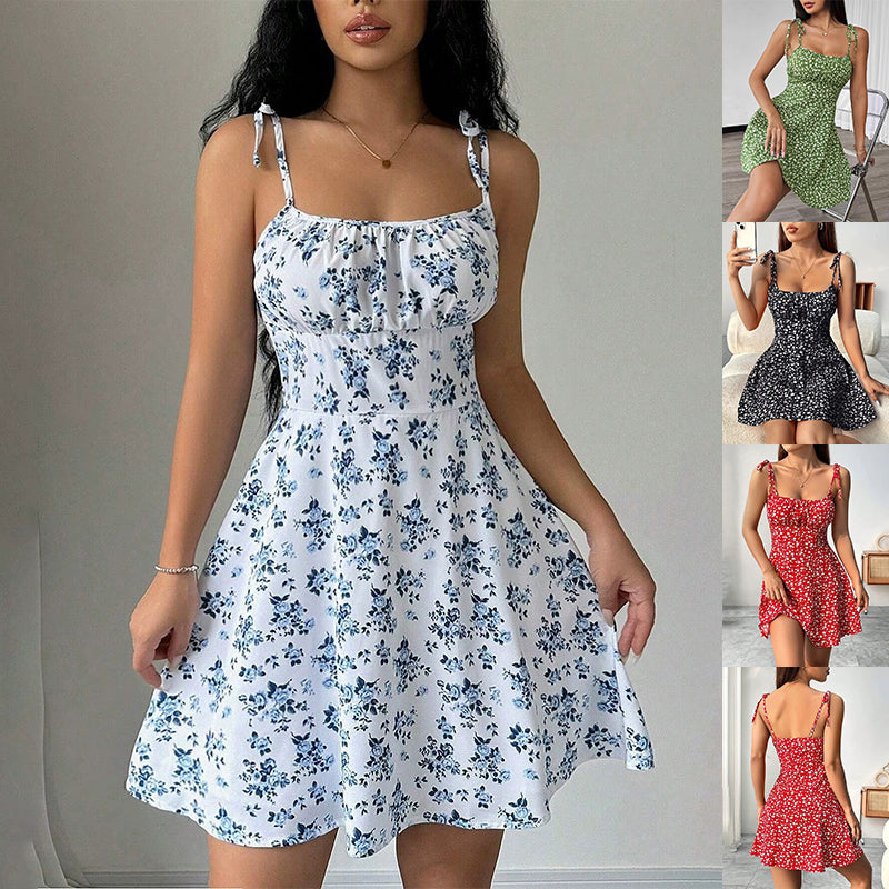 Floral Print Dress Summer Sweet A- Line Waist Trimming Dresses