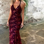 V-Neck Sequined Backless Maxi Dress - High Waist Prom Gown