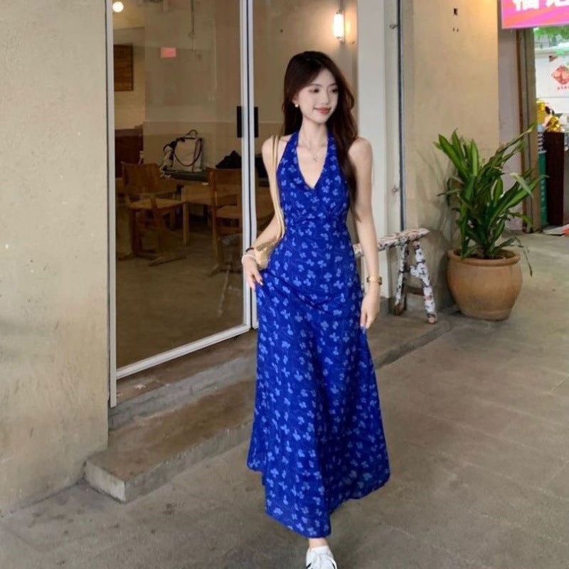 French Blue Floral Strap A Line Sundress