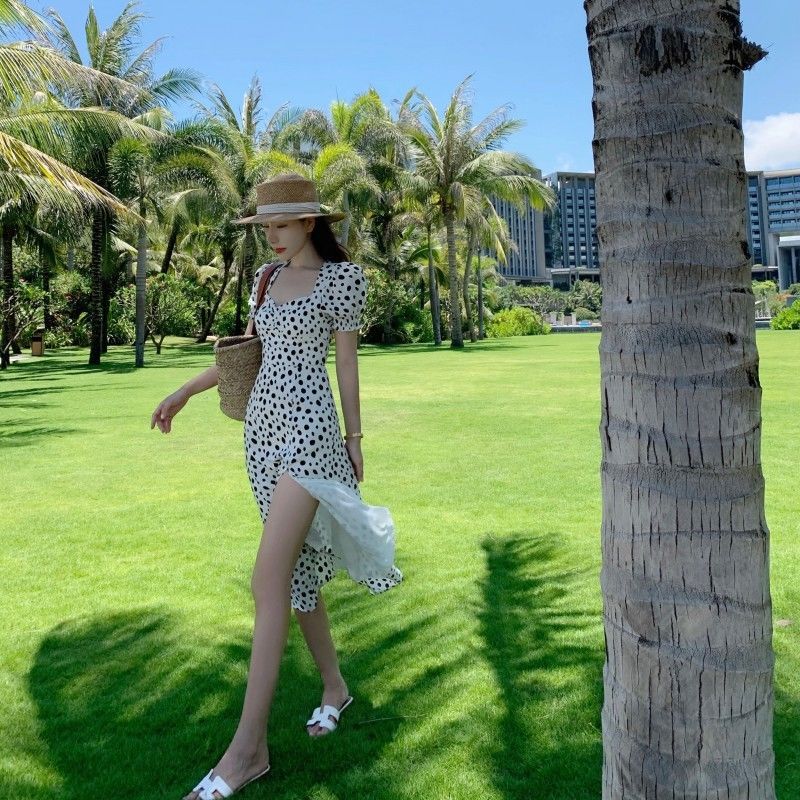 Sweet Floral Cotton Dress With Puff Sleeves And Square Collar