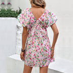 Pink Printed Dress For Women With Lace Up Detail High Waist Mini Ruffle Sleeves