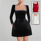 Elegant Square Neck Long Sleeve Dress With Floral Embellishments