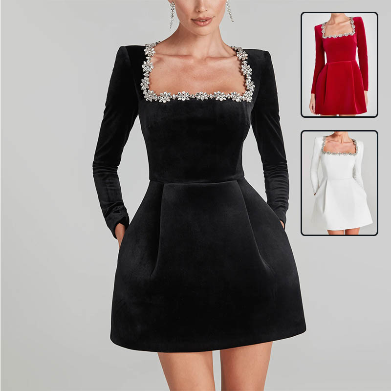 Elegant Square Neck Long Sleeve Dress With Floral Embellishments
