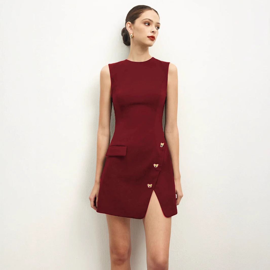 Sleeveless High-Waist Dress With Button Accents