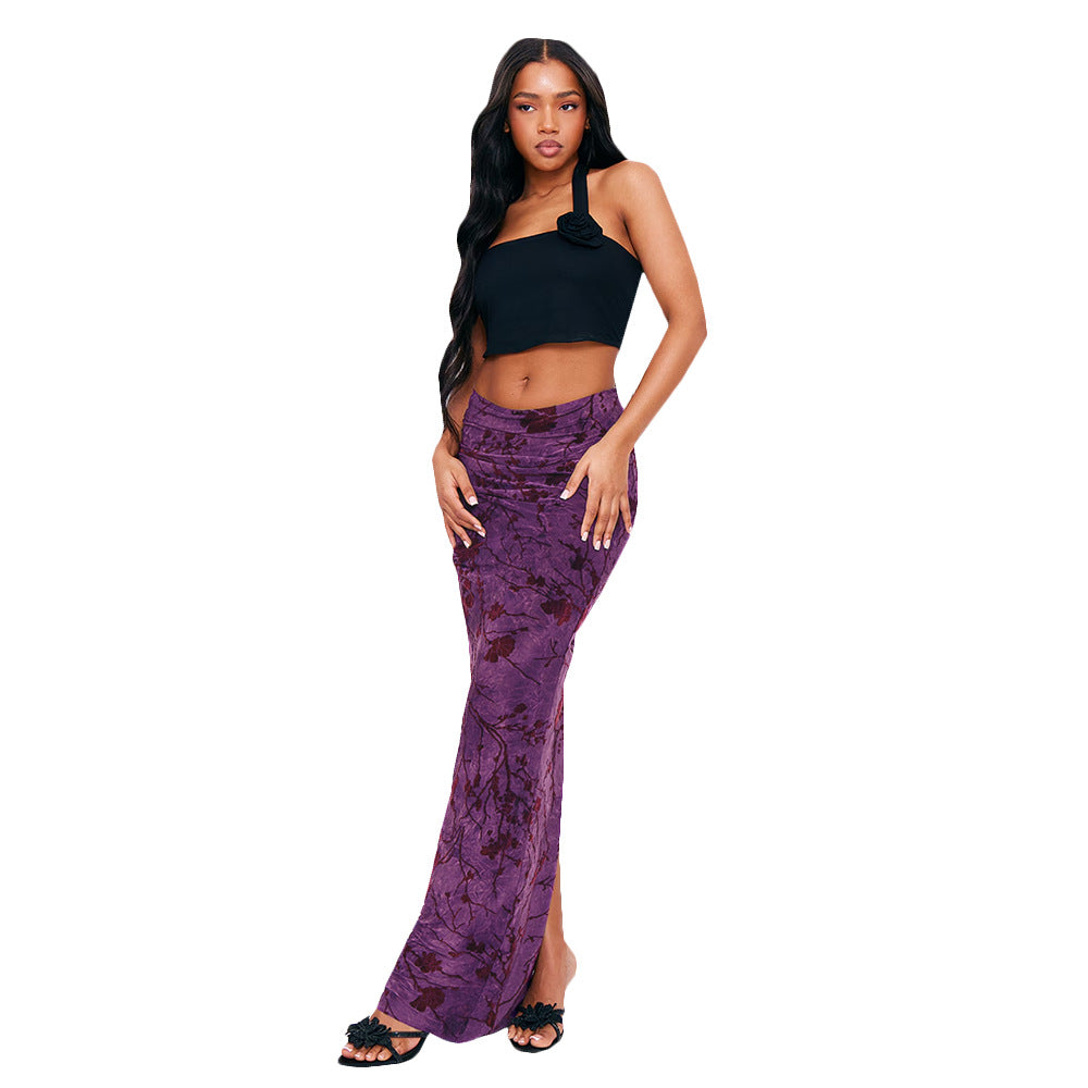 Cozy Floral Knit Sheath Skirt Purple Street Style Chic