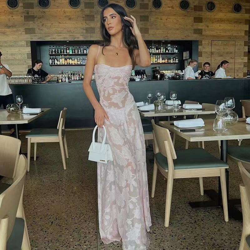 Sexy Flowers Slim Back Lace-up Long Dress