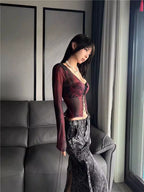 Wine Red Cardigan With Princess Sleeves Sleek Slim Fit