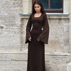 Women's U-Neck Lace-Up Back Princess Dress with Bell Sleeves
