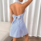 Sky Blue Halter Neck Sheath Dress With High Waist
