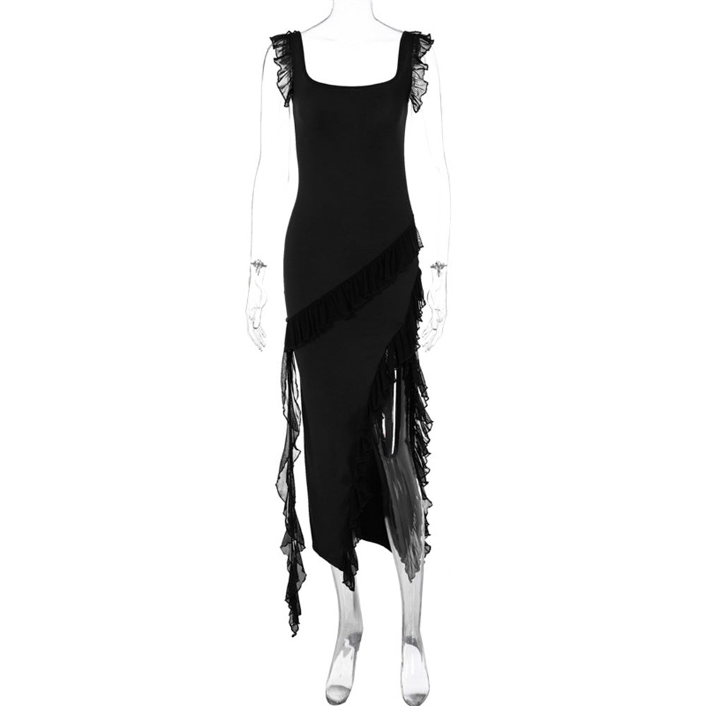 Ruffle Thigh High Split Suspender Dress With Spaghetti Straps