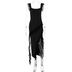 Ruffle Thigh High Split Suspender Dress With Spaghetti Straps
