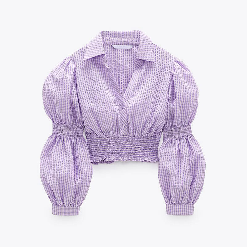 Purple Plaid V Neck Short Sleeve Top