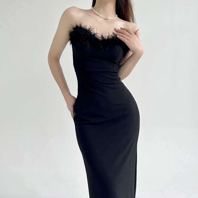 Midnight Black Cotton Tube Top Dress With Sleek Sleeveless Round Neck