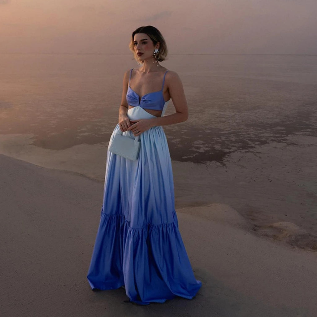 Chic Gradient Blue Sleeveless Dress With Wide Waist