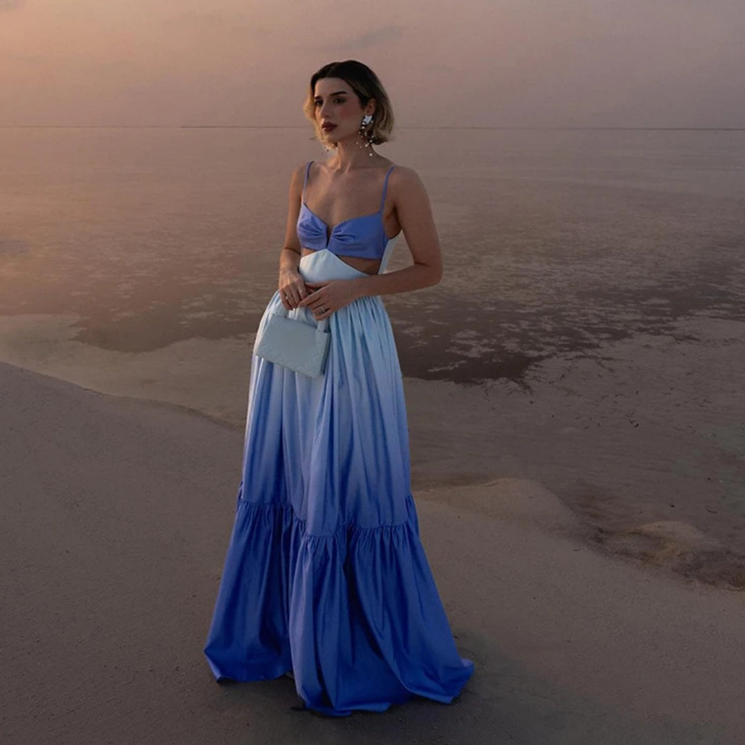 Chic Gradient Blue Sleeveless Dress With Wide Waist