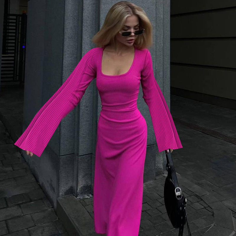 Women's U-Neck Lace-Up Back Princess Dress with Bell Sleeves