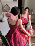 Raspberry Plaid Suspender Dress With High Waist Sleeveless