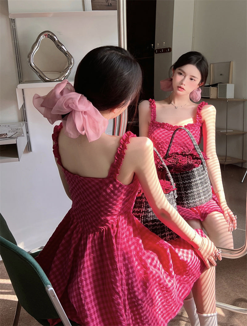 Raspberry Plaid Suspender Dress With High Waist Sleeveless