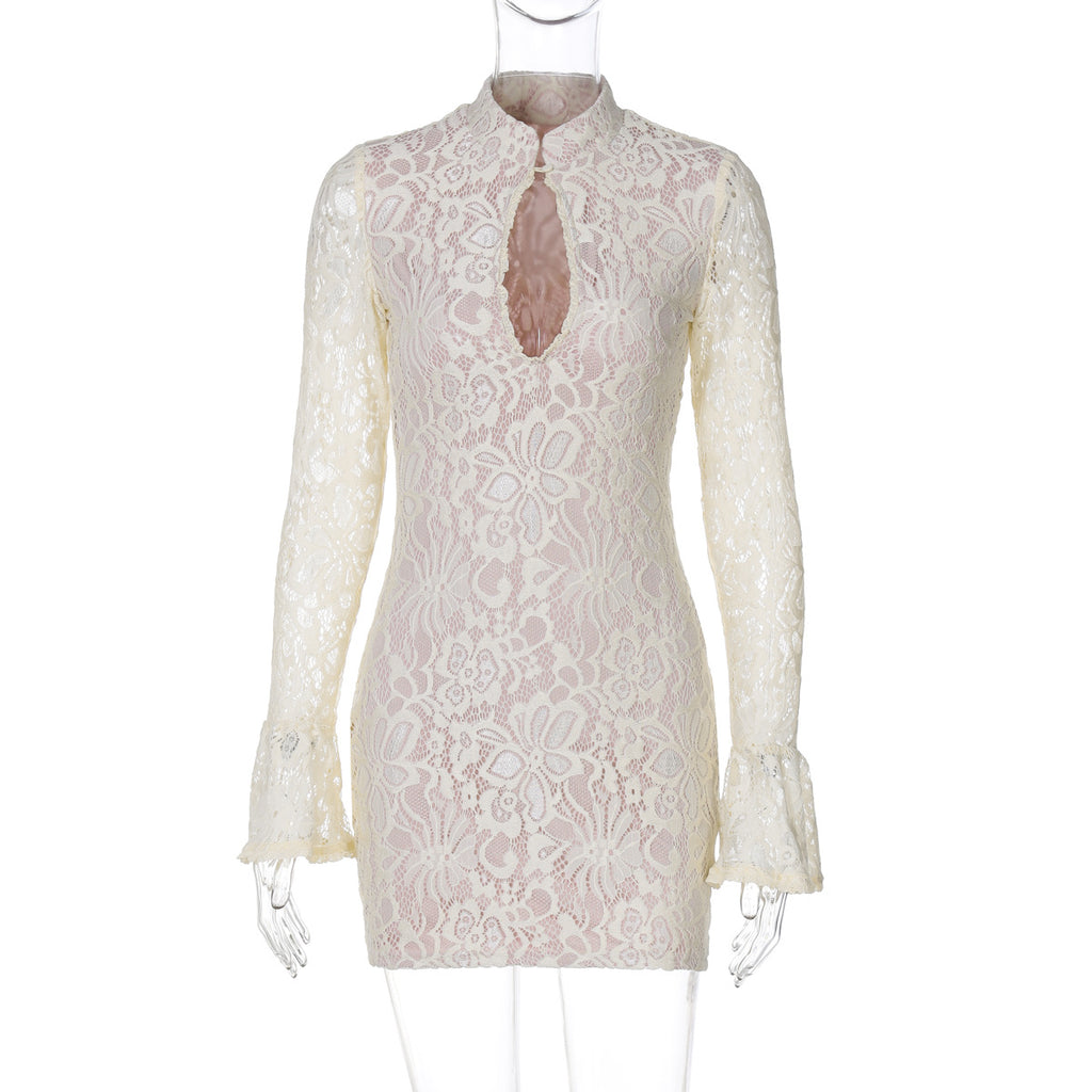 Lace Cutout Dress With High Waist And Button Details Midi Length