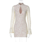 Lace Cutout Dress With High Waist And Button Details Midi Length
