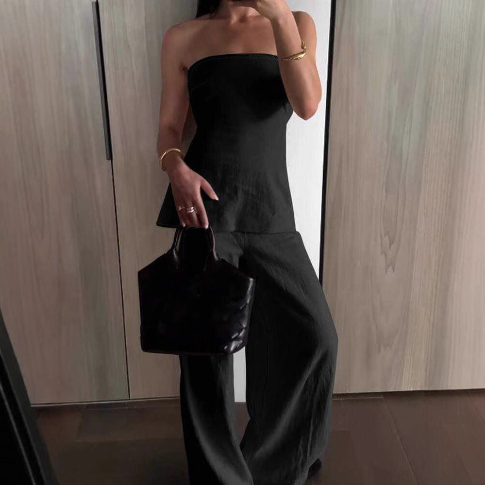 Two Piece Tube Top And Tailored Pants Set In Solid Polyester With Elevating Silhouette