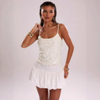White V Neck Sequin Top With Dual Shoulder Straps Elegant