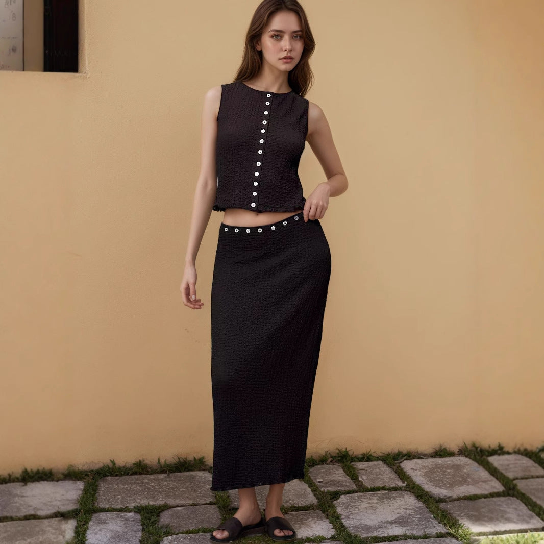 Two Piece Knitted Sleeveless Top And Long Skirt Set In Black