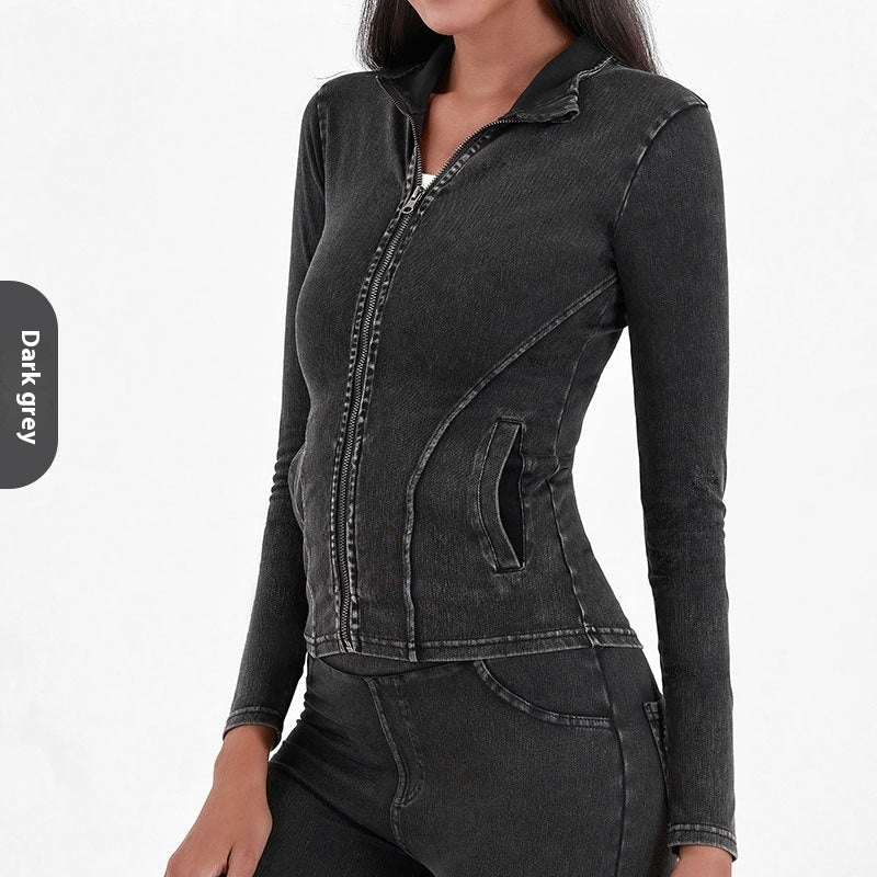 Slim Zippered Denim Yoga Jacket With Pockets High Collar For Women
