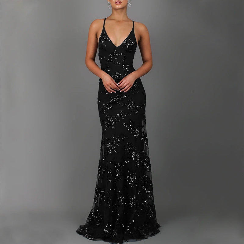 V-Neck Sequined Backless Maxi Dress - High Waist Prom Gown