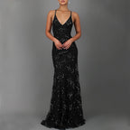 V-Neck Sequined Backless Maxi Dress - High Waist Prom Gown