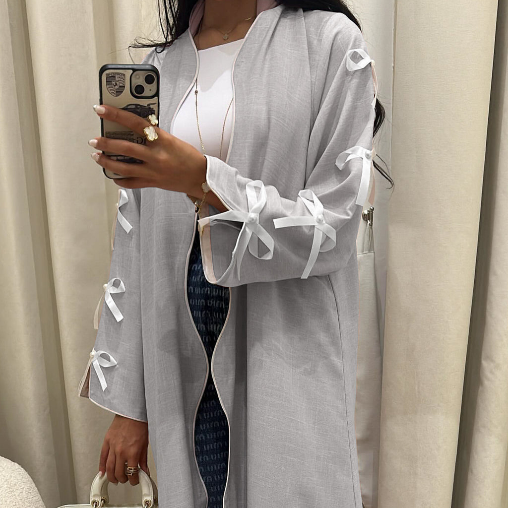 Elegant Bow Robe Maxi Dress Set With Long Sleeve Overlay