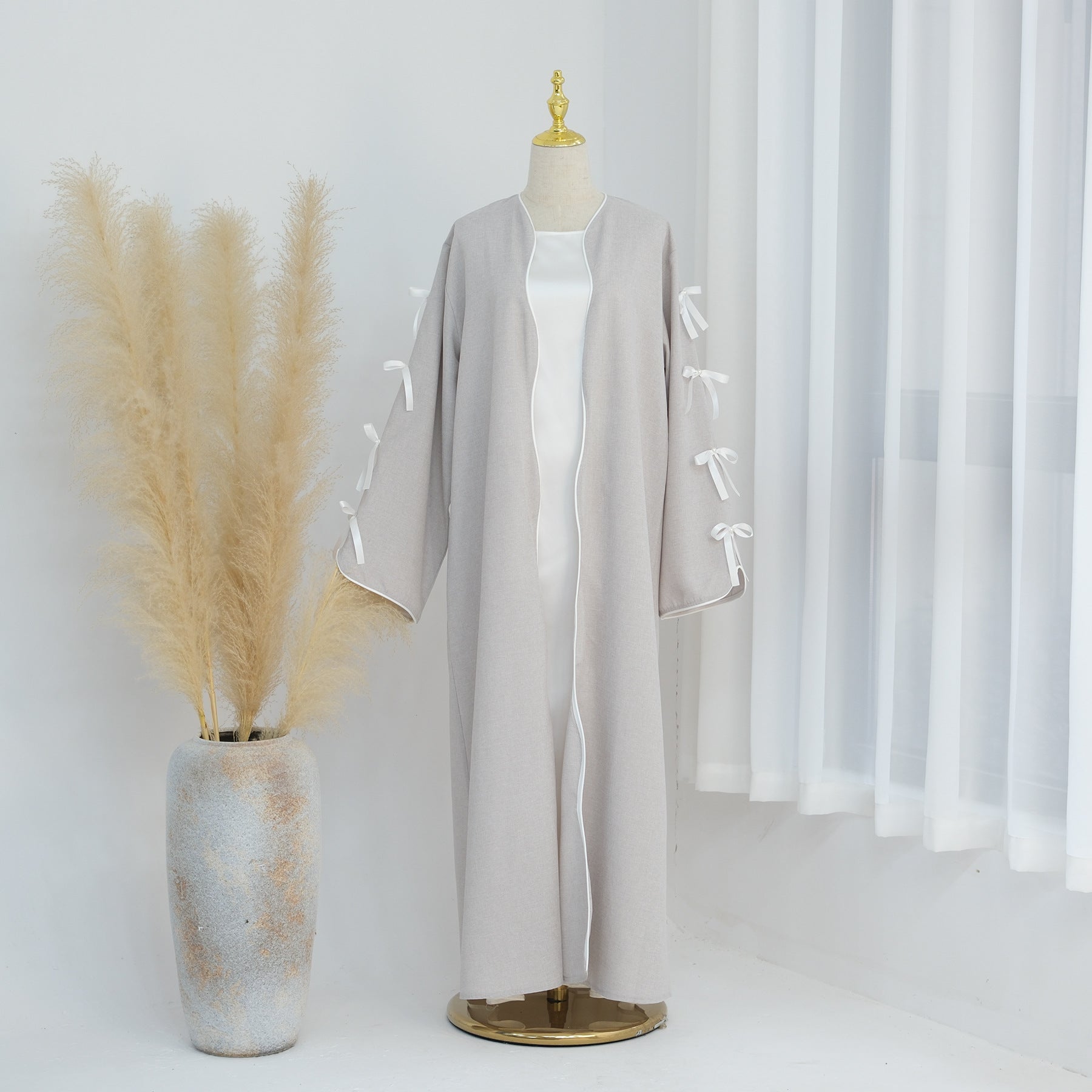 Elegant Bow Robe Maxi Dress Set With Long Sleeve Overlay