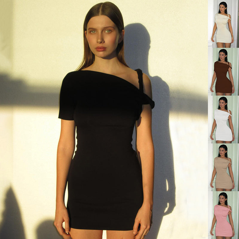 Women's One-Shoulder Slim Hip Mini Dress - Solid Color Short Sleeve