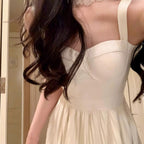 Milky White Pleated Sling Dress for Women Sleeveless Long Skirt
