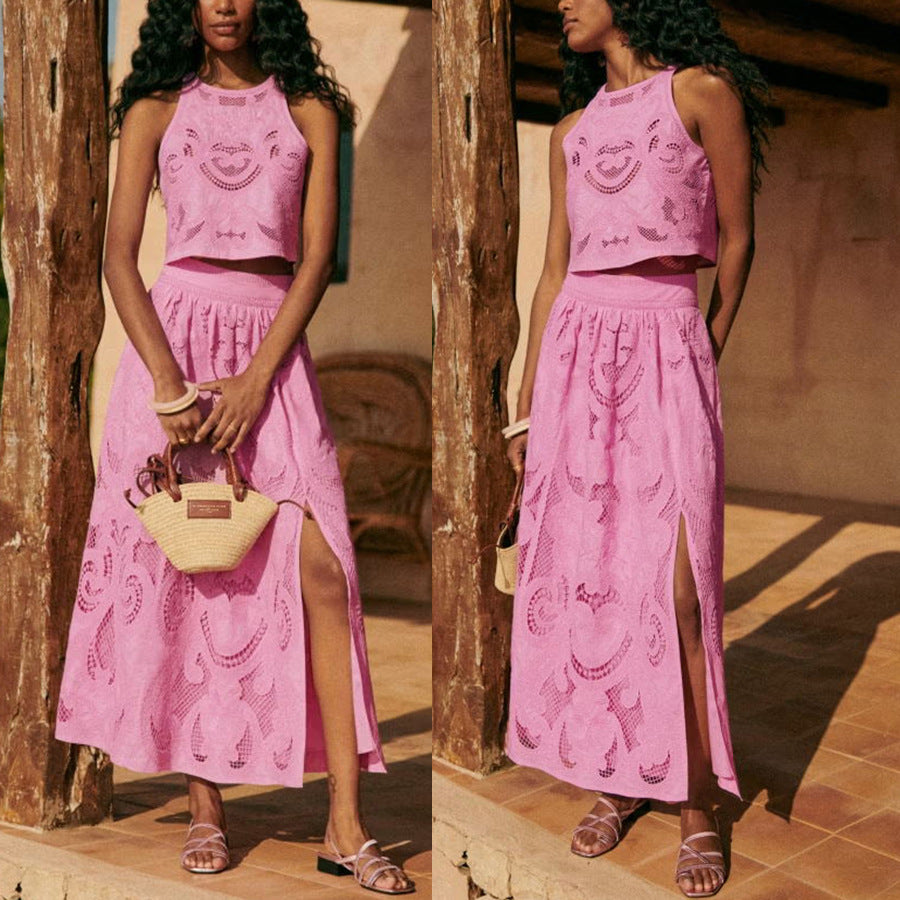 Elegant Pink Embroidered Sleeveless Top and Skirt Set Feminine Look