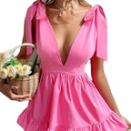 V Neck Solid Color Dress With Lace Up Front High Waist Short Skirt