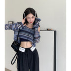 Elegant Striped Round Neck Hollow Knit Top