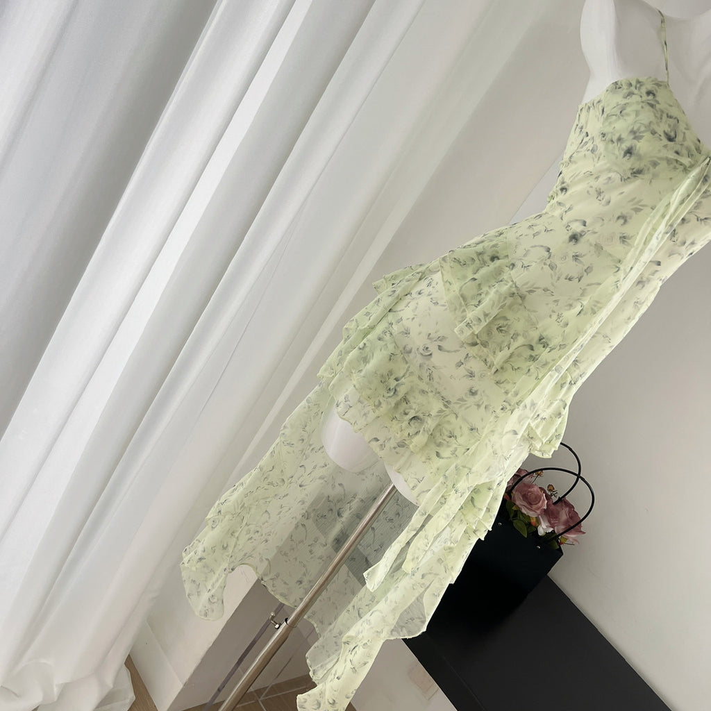 Malt Green Floral Chiffon Dress With Spaghetti Straps Flounced Midi Skirt Retro Art Vibe