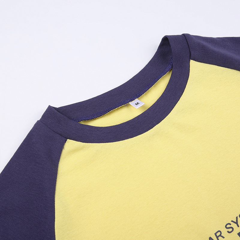 Contrasting Letter Print Raglan Top For Women In Cotton Knit Short Sleeve Style