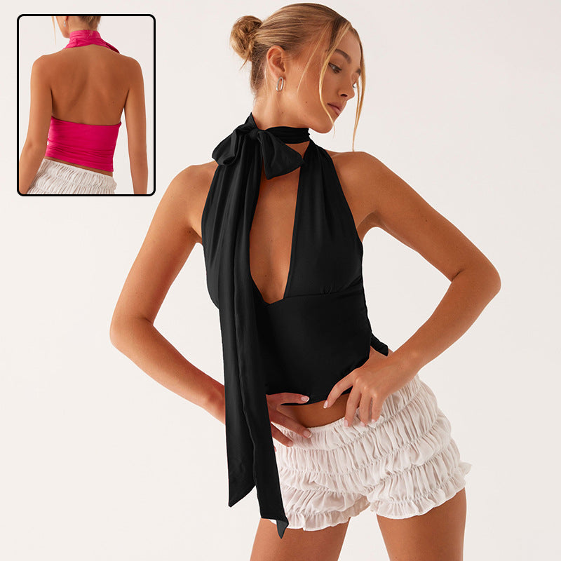 Chic Deep V Neck Halter Top For Summer Sleeveless Slim Fit