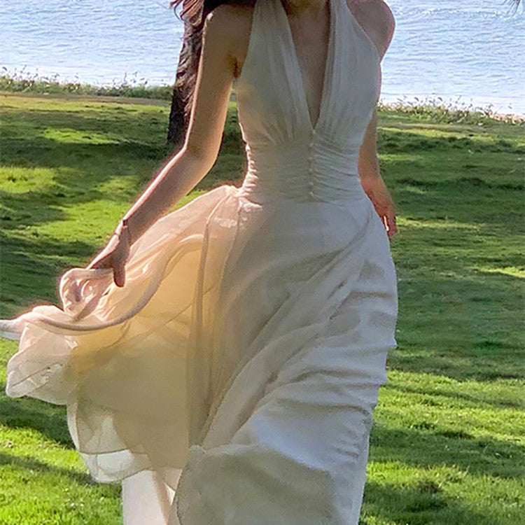 White Hanging Neck Deep V Dress
