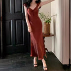 Graceful Sling Dress In Rust Red And Pearl Apricot