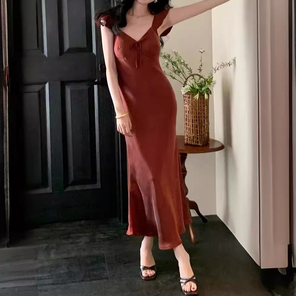 Graceful Sling Dress In Rust Red And Pearl Apricot