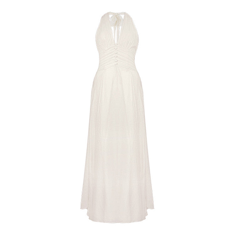 White Hanging Neck Deep V Dress