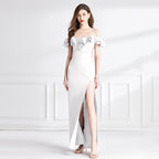 Milky White Off Shoulder Dress With Ruffled Sleeves Long Skirt