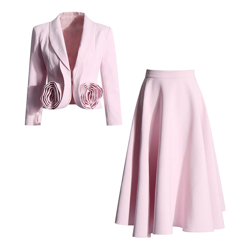 Romantic French Style Rose Pattern Two Piece Top And Skirt Set