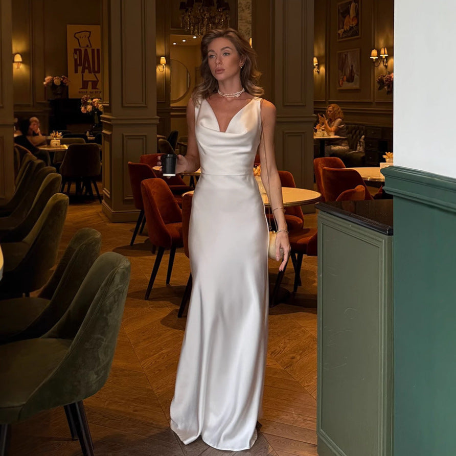 Satin French Style Sleeveless V-Neck Swing Collar Dress
