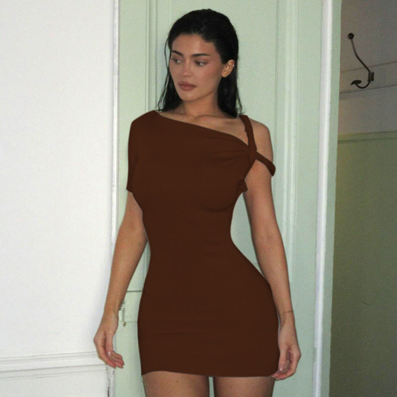 Women's One-Shoulder Slim Hip Mini Dress - Solid Color Short Sleeve