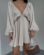 V Neck Lantern Sleeve Dress With Pleated Skirt
